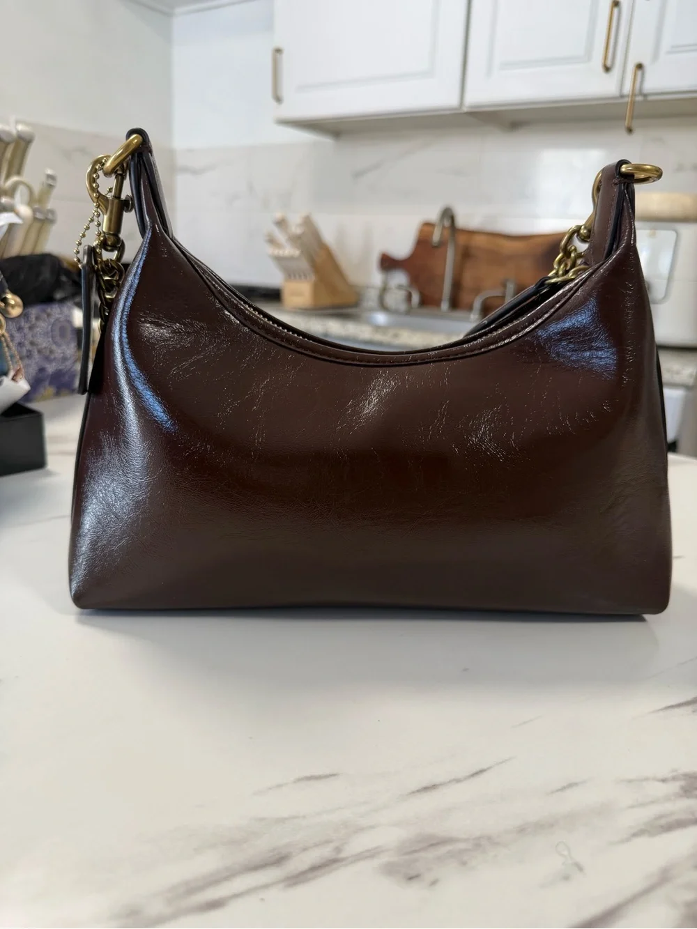 Leather Shoulder Bag with Gold Chain - Dark Brown